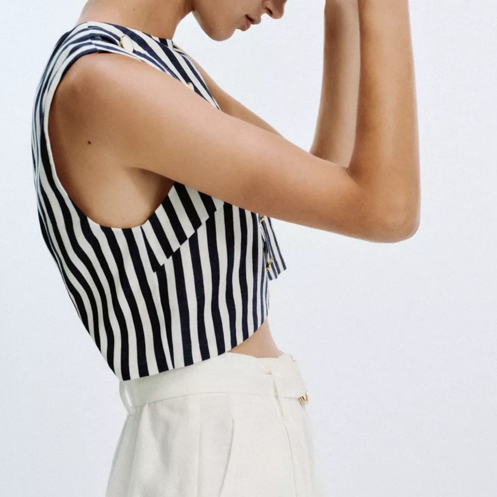 NWT Zara | Belted Linen Dress Waist Cut-out Navy Ivory Nautical coastal vibe - Picture 12 of 16